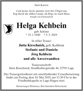 Anzeige  Helga Kehbein  Lippische Landes-Zeitung