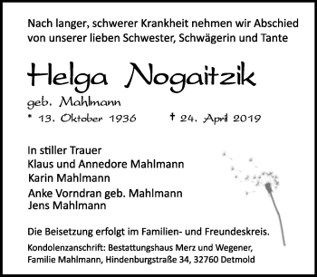 Anzeige  Helga Nogaitzik  Lippische Landes-Zeitung