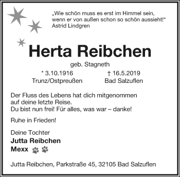 Anzeige  Herta Reibchen  Lippische Landes-Zeitung