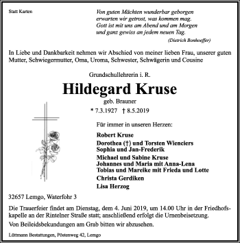 Anzeige  Hildegard Kruse  Lippische Landes-Zeitung