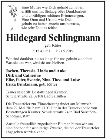 Anzeige  Hildegard Schlingmann  Lippische Landes-Zeitung