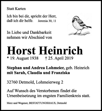Anzeige  Horst Heinrich  Lippische Landes-Zeitung