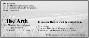 Anzeige  Ilse Arth  Lippische Landes-Zeitung