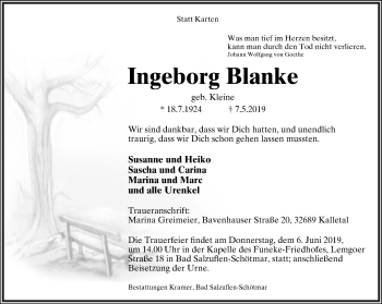 Anzeige  Ingeborg Blanke  Lippische Landes-Zeitung