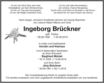 Anzeige  Ingeborg Brückner  Lippische Landes-Zeitung