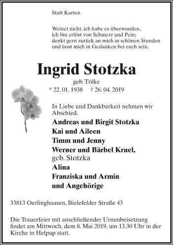 Anzeige  Ingrid Stotzka  Lippische Landes-Zeitung