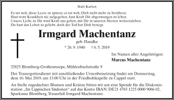 Anzeige  Irmgard Machentanz  Lippische Landes-Zeitung