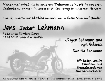 Anzeige  Jens Lehmann  Lippische Landes-Zeitung