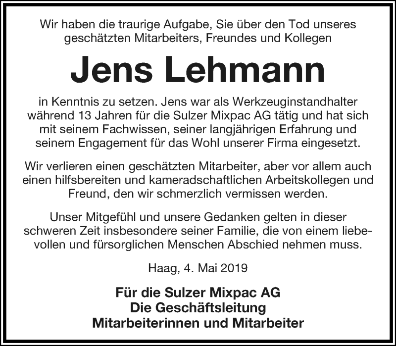  Traueranzeige für Jens Lehmann vom 04.05.2019 aus Lippische Landes-Zeitung