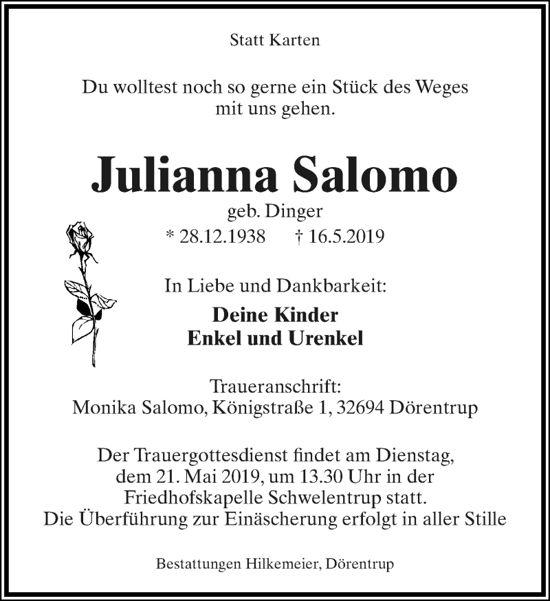  Traueranzeige für Julianna Salomo vom 18.05.2019 aus Lippische Landes-Zeitung