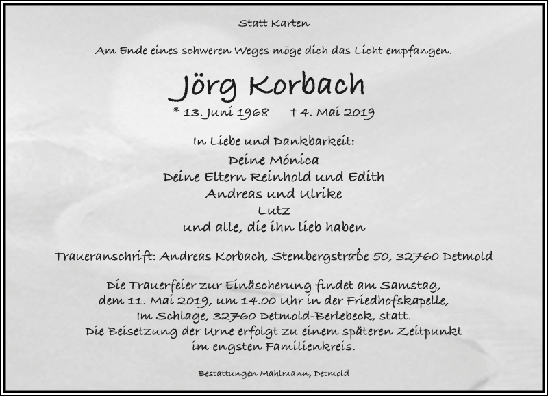  Traueranzeige für Jörg Korbach vom 08.05.2019 aus Lippische Landes-Zeitung