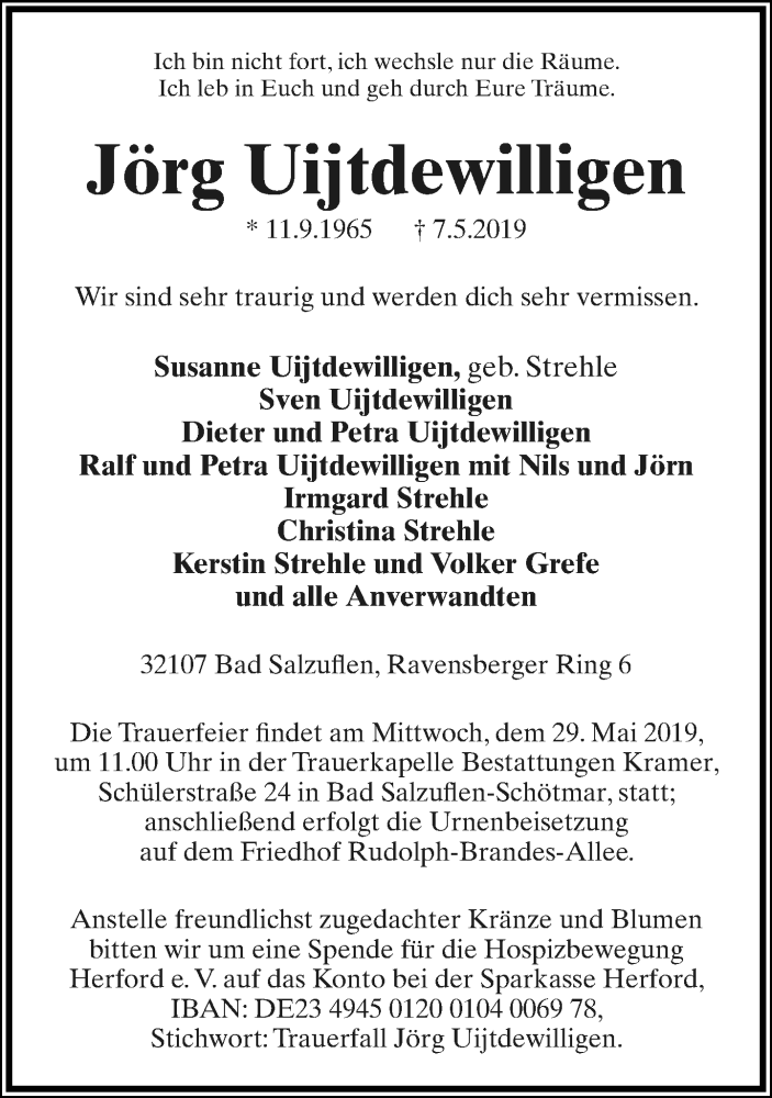  Traueranzeige für Jörg Uijtdewilligen vom 11.05.2019 aus Lippische Landes-Zeitung
