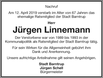 Anzeige  Jürgen Linnemann  Lippische Landes-Zeitung