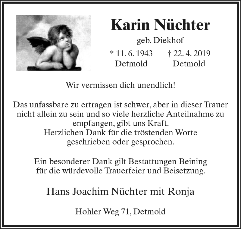  Traueranzeige für Karin Nüchter vom 25.05.2019 aus Lippische Landes-Zeitung