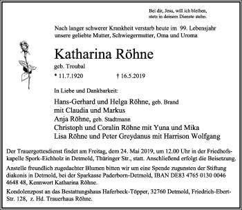 Anzeige  Katharina Röhne  Lippische Landes-Zeitung