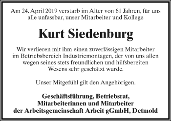 Anzeige  Kurt Siedenburg  Lippische Landes-Zeitung