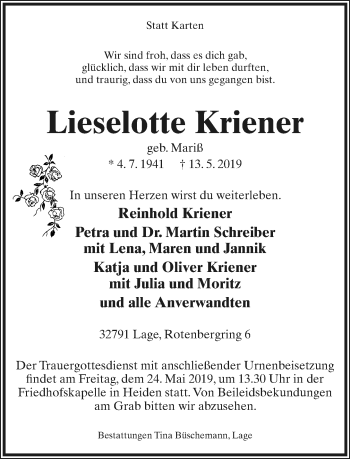 Anzeige  Lieselotte Kriener  Lippische Landes-Zeitung