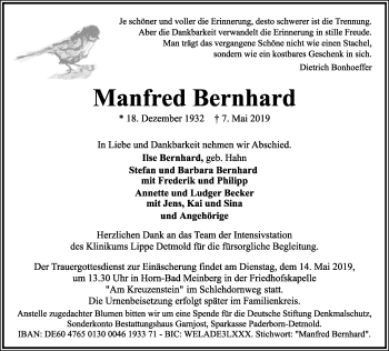 Anzeige  Manfred Bernhard  Lippische Landes-Zeitung