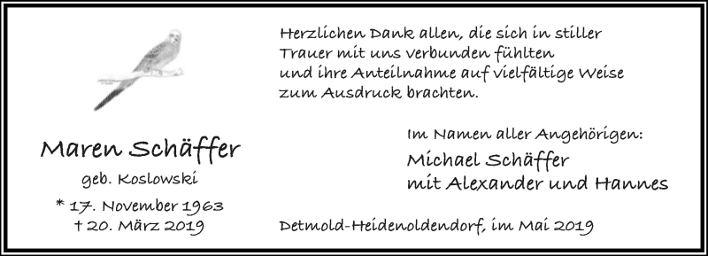  Traueranzeige für Maren Schäffer vom 04.05.2019 aus Lippische Landes-Zeitung