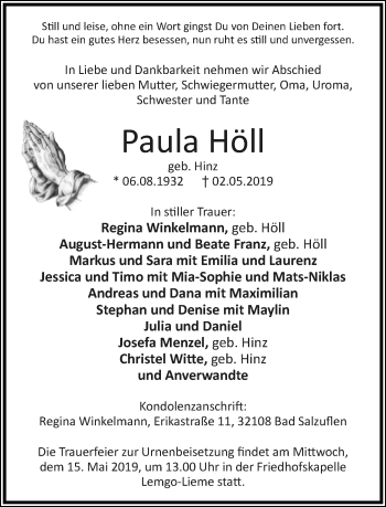 Anzeige  Paula Höll  Lippische Landes-Zeitung