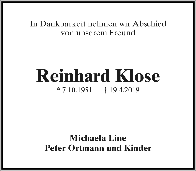  Traueranzeige für Reinhard Klose vom 04.05.2019 aus Lippische Landes-Zeitung
