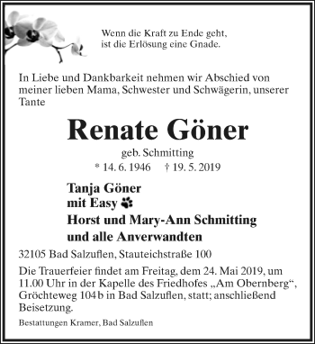 Anzeige  Renate Göner  Lippische Landes-Zeitung