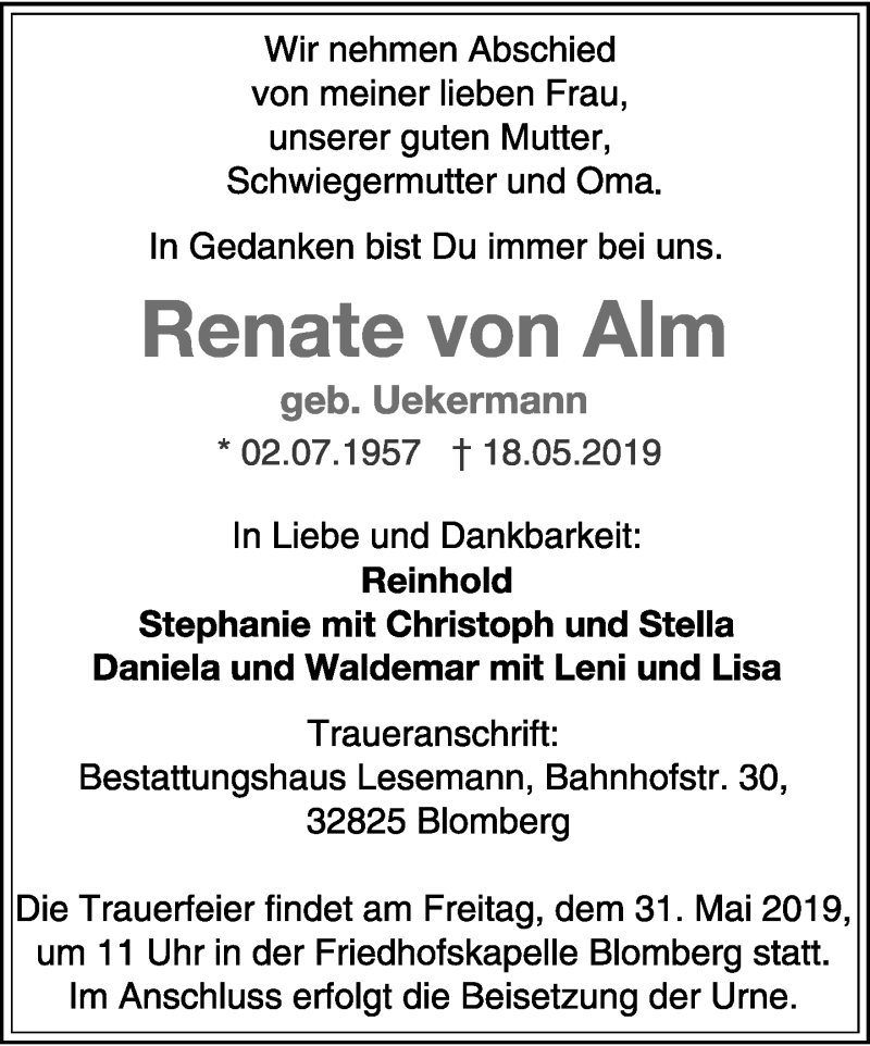  Traueranzeige für Renate von Alm vom 25.05.2019 aus Lippische Landes-Zeitung