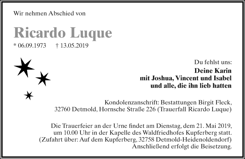  Traueranzeige für Ricardo Luque vom 17.05.2019 aus Lippische Landes-Zeitung