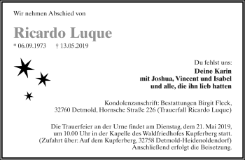 Anzeige  Ricardo Luque  Lippische Landes-Zeitung