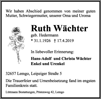 Anzeige  Ruth Wächter  Lippische Landes-Zeitung
