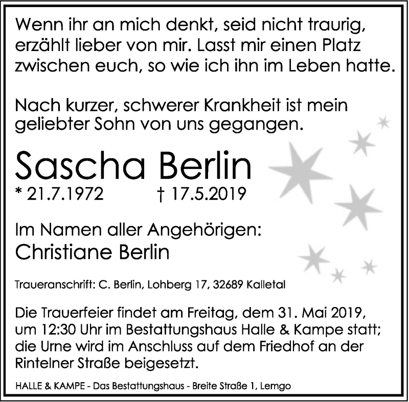  Traueranzeige für Sascha Berlin vom 25.05.2019 aus Lippische Landes-Zeitung