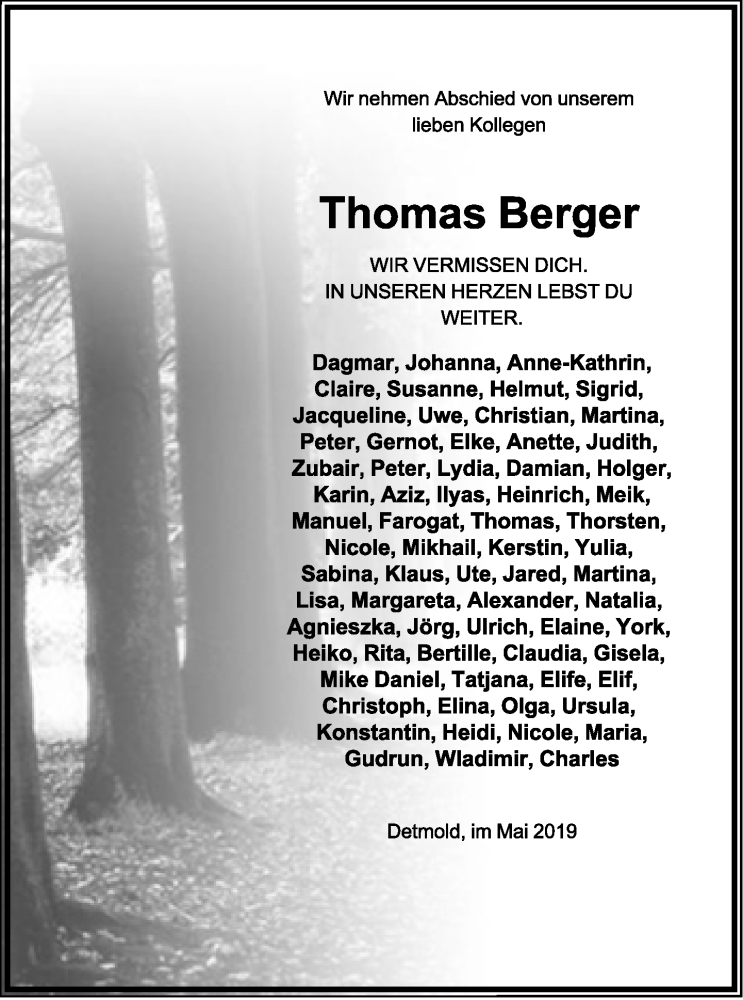  Traueranzeige für Thomas Berger vom 25.05.2019 aus Lippische Landes-Zeitung