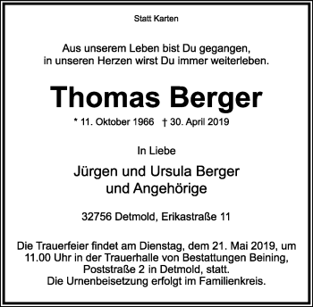 Anzeige  Thomas Berger  Lippische Landes-Zeitung