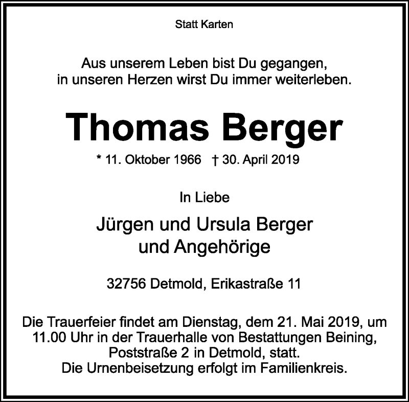  Traueranzeige für Thomas Berger vom 18.05.2019 aus Lippische Landes-Zeitung