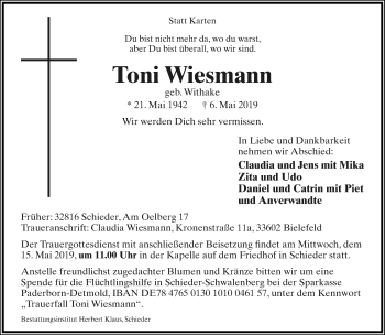 Anzeige  Toni Wiesmann  Lippische Landes-Zeitung
