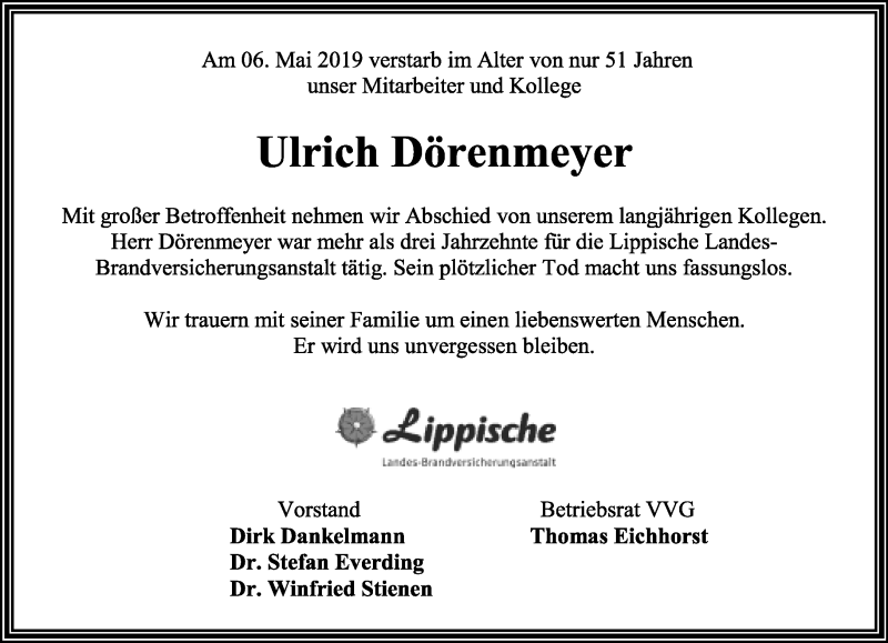  Traueranzeige für Ulrich Dörenmeyer vom 11.05.2019 aus Lippische Landes-Zeitung