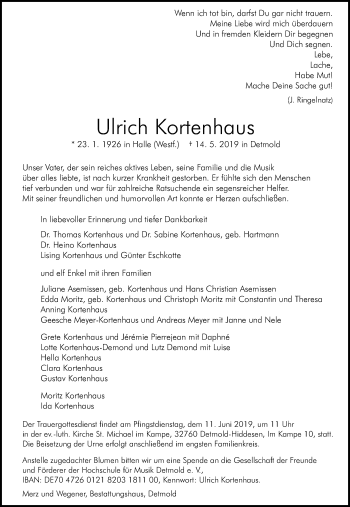 Anzeige  Ulrich Kortenhaus  Lippische Landes-Zeitung