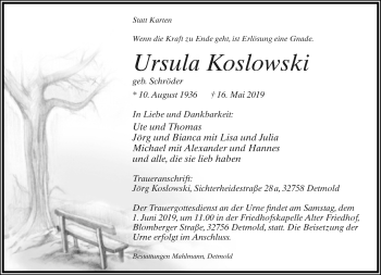Anzeige  Ursula Koslowski  Lippische Landes-Zeitung