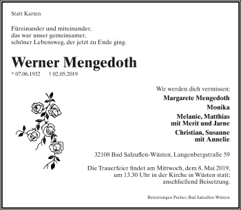 Anzeige  Werner Mengedoth  Lippische Landes-Zeitung