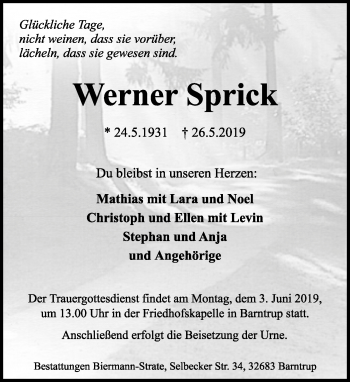 Anzeige  Werner Sprick  Lippische Landes-Zeitung