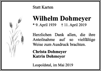 Anzeige  Wilhelm Dohmeyer  Lippische Landes-Zeitung