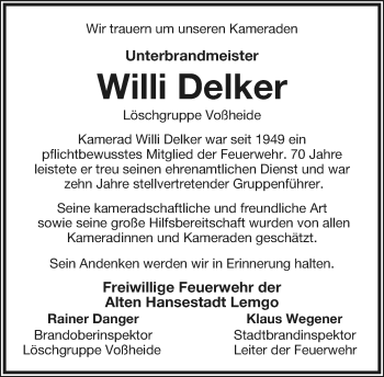 Anzeige  Willi Delker  Lippische Landes-Zeitung