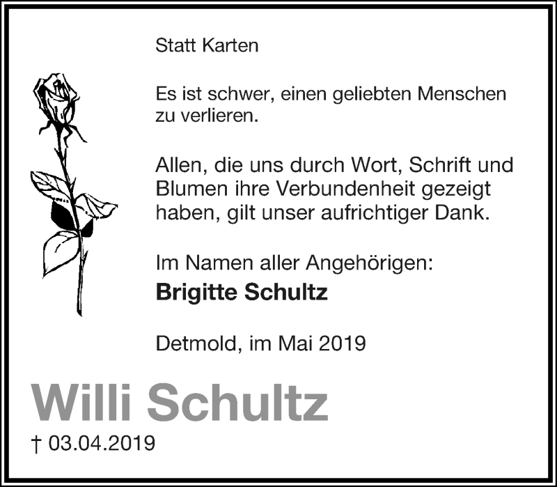  Traueranzeige für Willi Schultz vom 11.05.2019 aus Lippische Landes-Zeitung