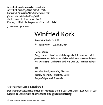 Anzeige  Winfried Kork  Lippische Landes-Zeitung