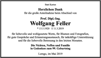 Anzeige  Wolfgang Feller  Lippische Landes-Zeitung