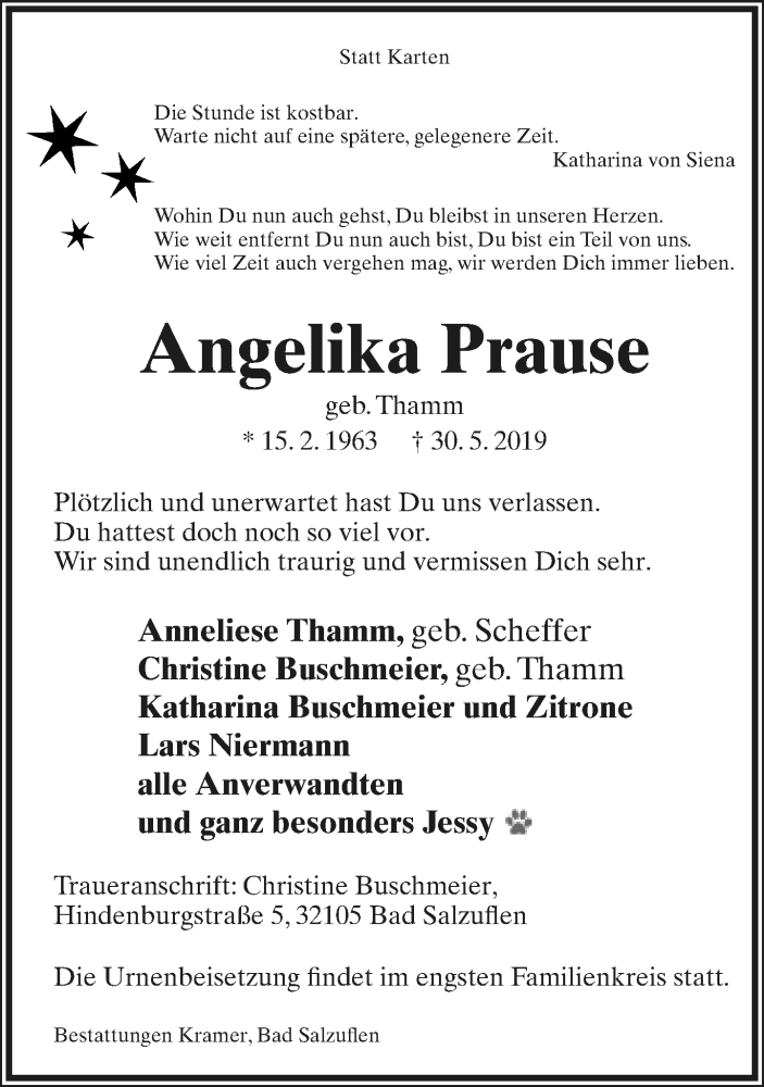  Traueranzeige für Angelika Prause vom 08.06.2019 aus Lippische Landes-Zeitung