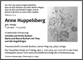 Anzeige  Anne Huppelsberg  Lippische Landes-Zeitung