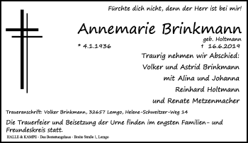 Anzeige  Annemarie Brinkmann  Lippische Landes-Zeitung