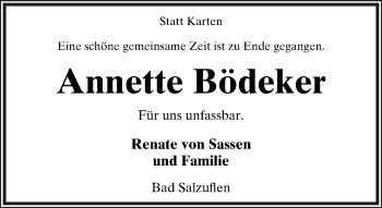 Anzeige  Annette Bödeker  Lippische Landes-Zeitung