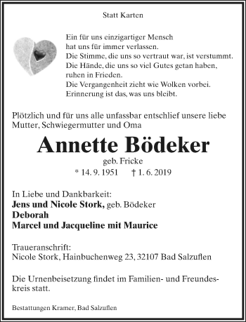 Anzeige  Annette Bödeker  Lippische Landes-Zeitung